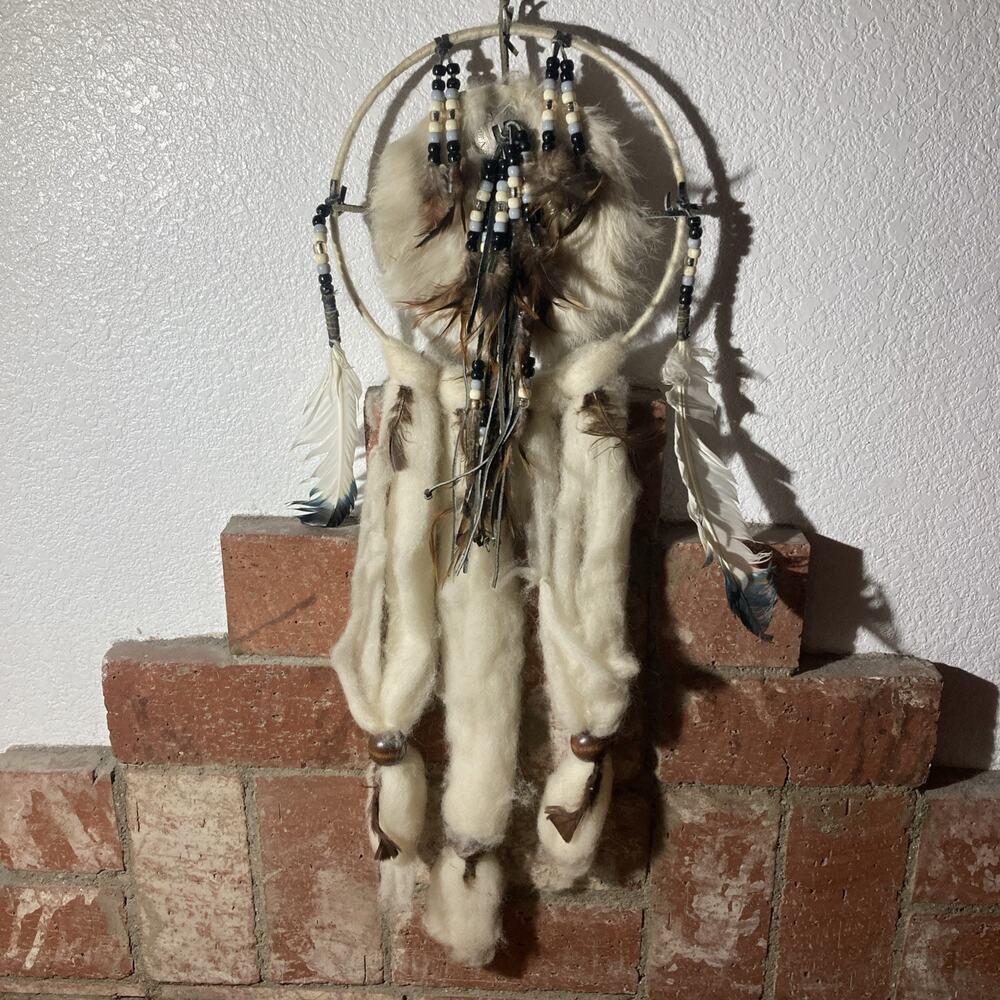 Dreamcatcher Made With Feathers, Beads Leather And Faux Fur Mexican